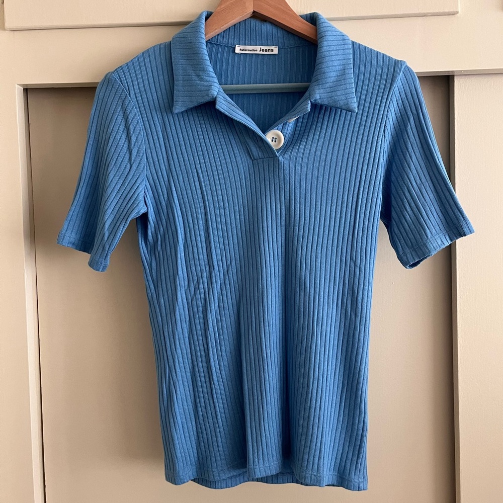 Reformation Blue Short Sleeve Knot Polo size Small